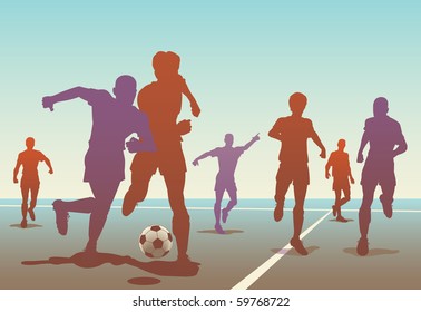 Editable vector illustration of men playing football