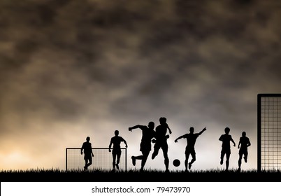 Editable vector illustration of men playing football with sky made using a gradient mesh