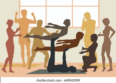 Editable vector illustration of men and women in an acroyoga session 