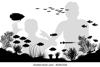 Ilustração vetorial editável de mãe e filho olhando para peixes em um aquário