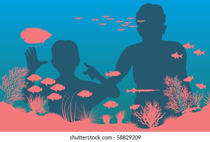 Editable vector illustration of mother and son looking at fish in an aquarium