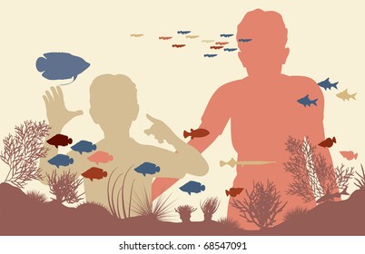 Editable vector illustration of mother and son looking at fish in an aquarium