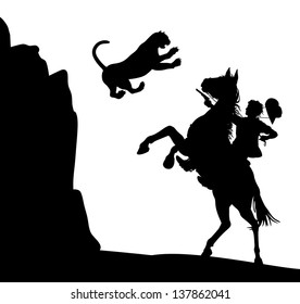 Editable vector illustration of a mountain lion jumping down at a cowboy on horseback