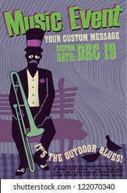 Editable vector illustration of music event poster design template, with trombone player sitting in a park