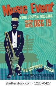 Editable vector illustration of music event poster design template, with trombone player sitting in a park