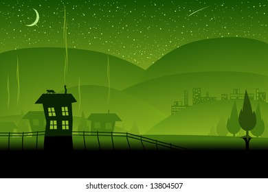 Editable vector illustration of a night-time landscape