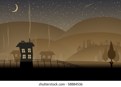 Editable vector illustration of a night-time landscape