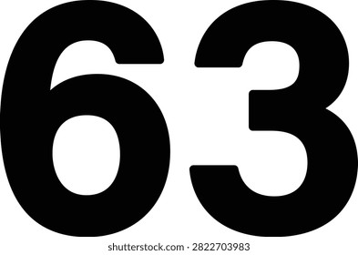 Editable vector illustration of the number Sixty Three for education, counting, numbering, worksheets, typography, and creative graphic design projects.