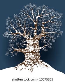 Editable vector illustration of an oak tree in winter