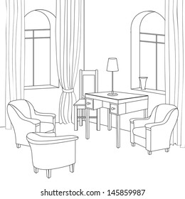 Editable vector illustration of an outline sketch of a interior. Graphical hand drawing interior. Cabinet.