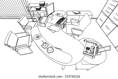 Editable vector illustration of an outline sketch of a interior. 3D Graphical drawing interior 