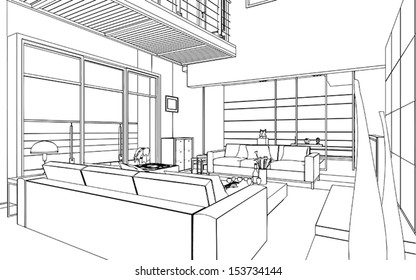 Editable Vector Illustration Outline Sketch Interior Stock Vector ...