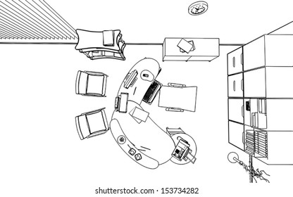 Editable vector illustration of an outline sketch of a interior. 3D Graphical drawing interior 