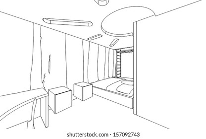 Editable vector illustration of an outline sketch of a interior. 3D Graphical drawing interior 