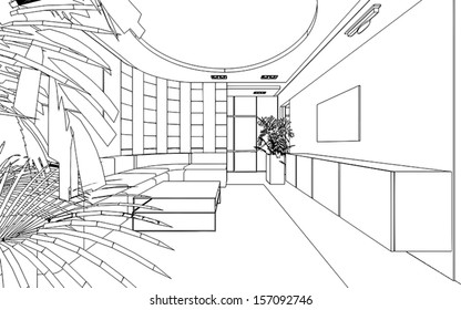 Editable vector illustration of an outline sketch of a interior. 3D Graphical drawing interior 