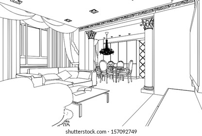 Editable vector illustration of an outline sketch of a interior. 3D Graphical drawing interior 