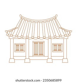 Editable Vector Illustration of Outline Style Front View Traditional Hanok Korean House Building for Artwork Element of Oriental History and Culture Related Design