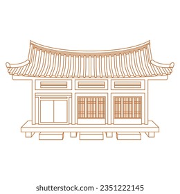 Editable Vector Illustration of Outline Style Front View Wide Traditional Hanok Korean House Building for Artwork Element of Oriental History and Culture Related Design