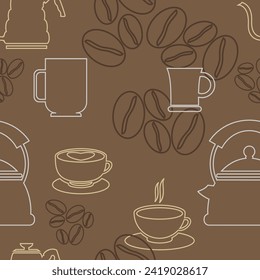 Editable Vector Illustration of Outline Style Coffee Equipment Seamless Pattern for Creating Background and Decorative Element of Cafe Related Design