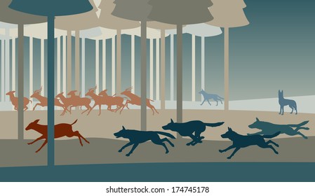 Editable vector illustration of a pack of wolves hunting deer in a forest