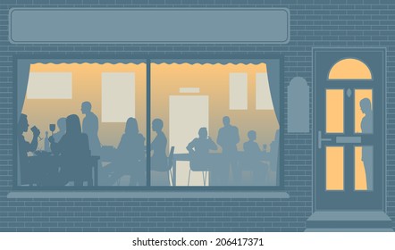 Editable vector illustration of people eating through a restaurant window