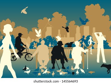 Editable Vector Illustration Of People Feeding Pigeons In A Busy Urban Park