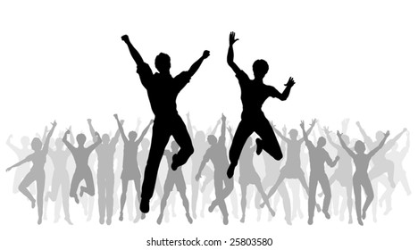 Editable vector illustration of people jumping in celebration with every person as a separate object