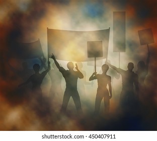 Editable vector illustration of people protesting in a smoky atmosphere created using gradient meshes