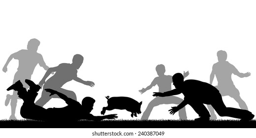 Editable vector illustration of people trying to catch a slippery greased piglet