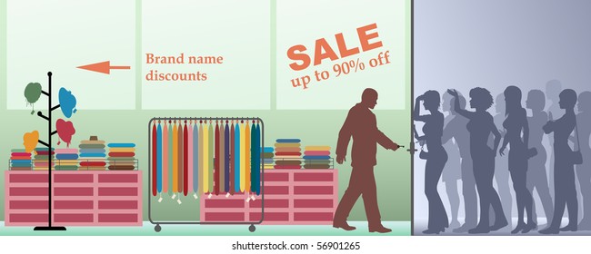 Ilustración vectorial editable de personas esperando la venta en una tienda