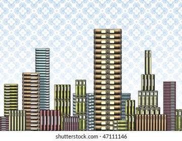 Editable vector illustration of piles of books as a city skyline with wallpaper behind.