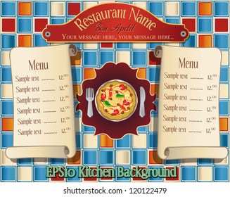 Editable Vector illustration of  a pizza, menu scrolls, background tiles, pizza restaurant kitchen