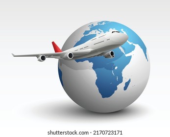 Ilustración vectorial editable con un plano y un globo terrestre sobre un fondo gris.