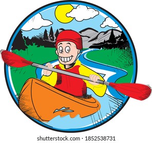editable vector illustration of a playful canoe adventure on a rapid river mountain nature.