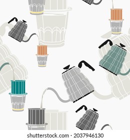 Editable Vector Illustration of Pouring Hot Water for Vietnamese Coffee Brewing as Seamless Pattern for Creating Background of Cafe With Vietnamese Culture and Tradition Related Design