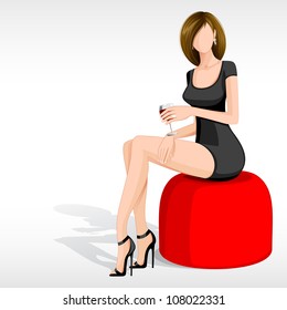 Editable vector illustration of pretty woman sitting on sofa with wine glass