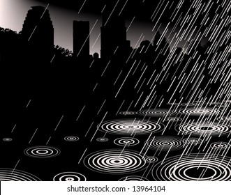 Editable vector illustration of rain with a city skyline and copy-space