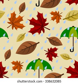 Editable Vector Illustration of Rainy Autumn Falling Leaves Seamless Pattern
