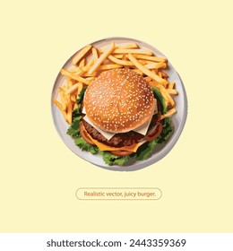 Editable vector illustration, Realistic, plate of fries and burger, editable vector illustration.