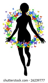 Ilustración vectorial editable de un anillo de mariposas alrededor de la silueta de una mujer