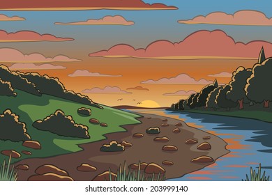 Editable vector illustration of a river valley landscape at sunset