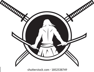 editable vector illustration of a ronin samurai warrior wielding a katana swords.