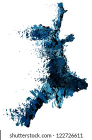 Editable vector illustration of a running man shattered into small pieces