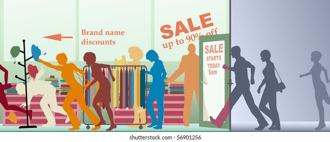 Editable vector illustration of a sale opening at a store
