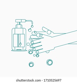 Editable Vector Illustration of Sanitizing Hands in Outline Style for Artwork Element of Healthcare and Medical Related Design