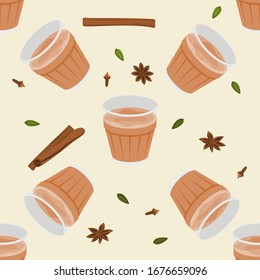 Editable Vector Illustration Seamless Pattern of Indian Masala Chai in Glass Mug with Assorted Herb Spices for Creating Background of Beverages With South Asian Culture and Tradition