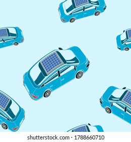 Editable Vector Illustration Seamless Pattern of Top Oblique Side Back View Electric Cars With Solar Panel for Background of Futuristic Eco-friendly Vehicle and Green Life or Renewable Energy Campaign