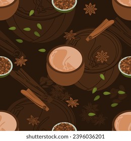 Editable Vector Illustration Seamless Pattern of Indian Masala Chai in Pottery Cup with Assorted Herb Spices With Dark Background for South Asian Beverages Culture and Tradition