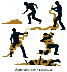 Editable vector illustration sequence of a man wrestling with a large snake and losing