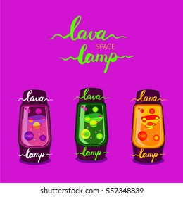 Editable vector illustration set of cool glowing lava space lamp with hand drawn brush pen lettering